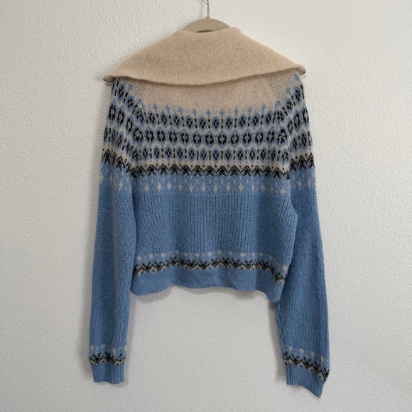 J. Crew Fair Isle Alpaca Wool Half Zip Sweater M Blue Cream Cropped Preppy - Picture 7 of 9